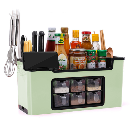 Organizator Multifunctional pentru Bucatarie Lodi683, 6 Compartimente, raft condimente, suport detasabil telefon, tavita de scurgere, suport tacamuri/ustensile, verde deschis