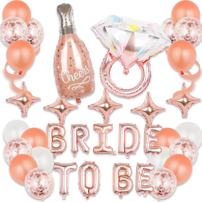 Set 36 Baloane Lodi749, Litere, pentru Petreceri/Aniversari/Evenimente, sticla de sampanie, inel de logodna, mai multe dimensiuni, metalizate, folie, model BRIDE TO BE, rose gold