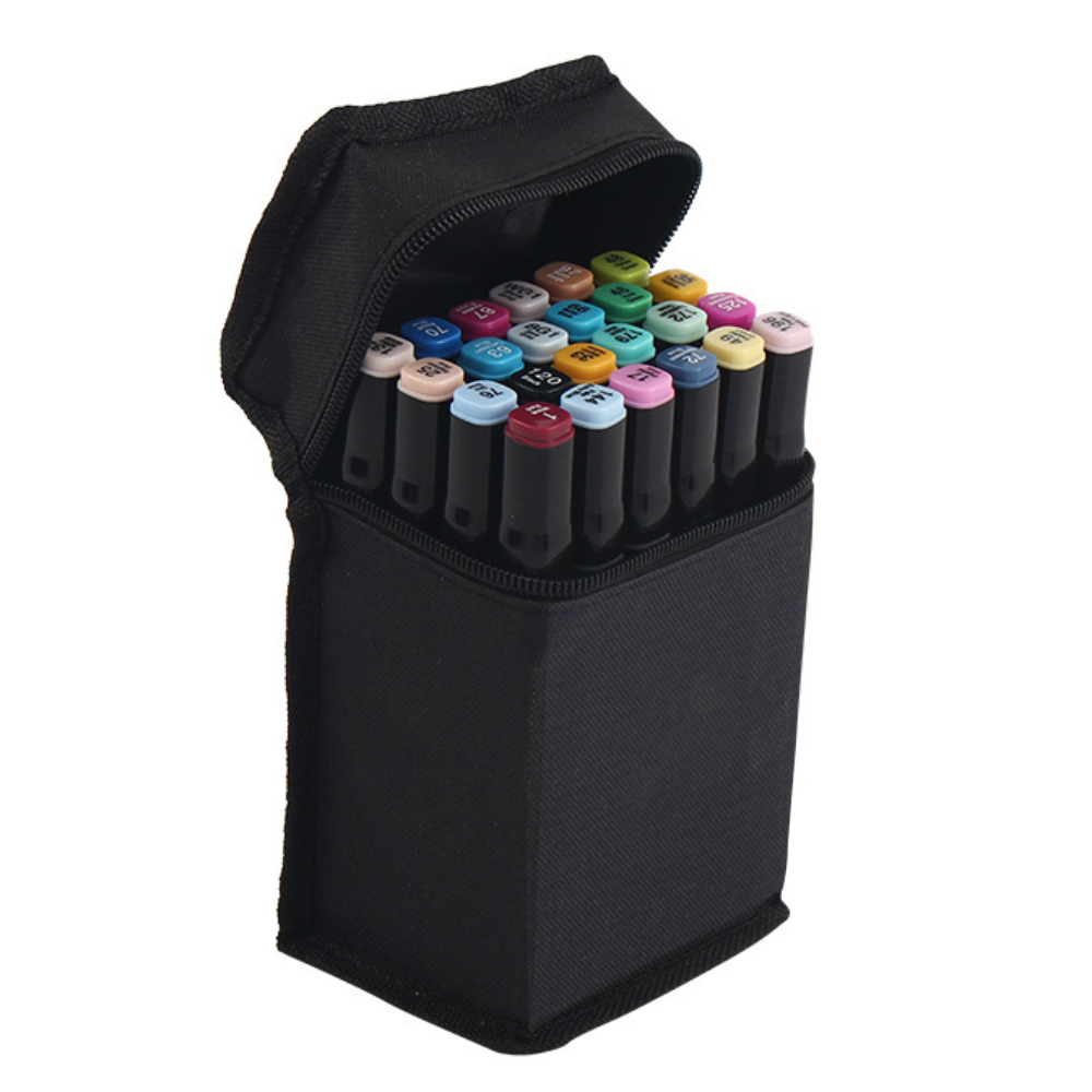 Set 24 Markere Lodi14, geanta de depozitare inclusa, 2 tipuri de varf, pe baza de alcool, culori intense, multicolor
