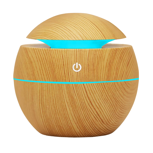 Difuzor Aromaterapie Lodi1464, forma de sfera, 7 culori LED, lumini dinamice, control tactil, capacitate 130ml, silentios, rezerva inclusa, umidifica aerul, stejar deschis