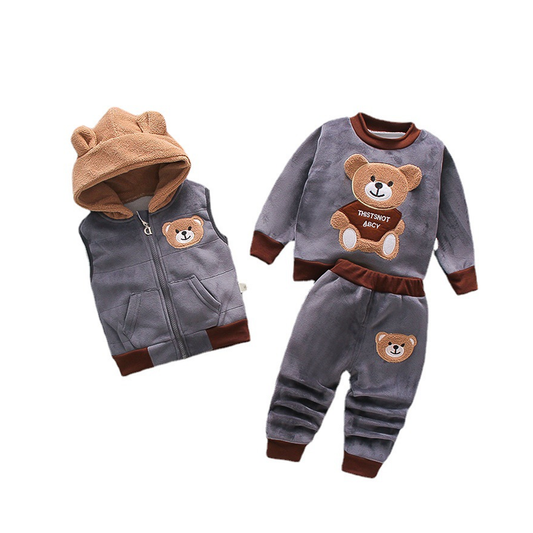 Compleu Copii din 3 Piese Lodi501, unisex, toamna-iarna, plus moale cu ursulet, bluza, pantaloni si vesta cu gluga pufoasa, 80 cm, gri