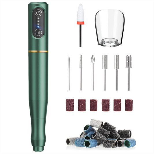 Pila Electrica Profesionala pentru Unghii Lodi1138, freza wireless, 18000 RPM, ecran LED, manichiura-pedichiura, 12 capete pentru pila, 36 benzi de slefurie, portabila, verde