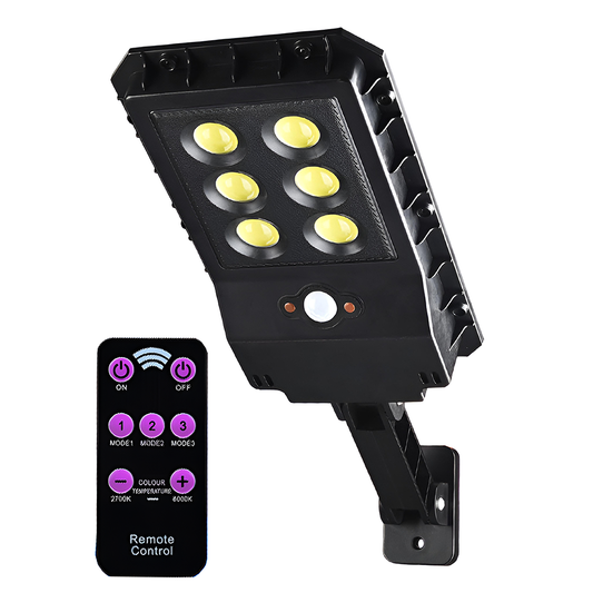 Lampa Solara Stradala 6 LED-uri Lodi864, tip bec, control prin telecomanda, senzor de miscare, 3 moduri de iluminare, protectie IP65, Waterproof, exterior, negru