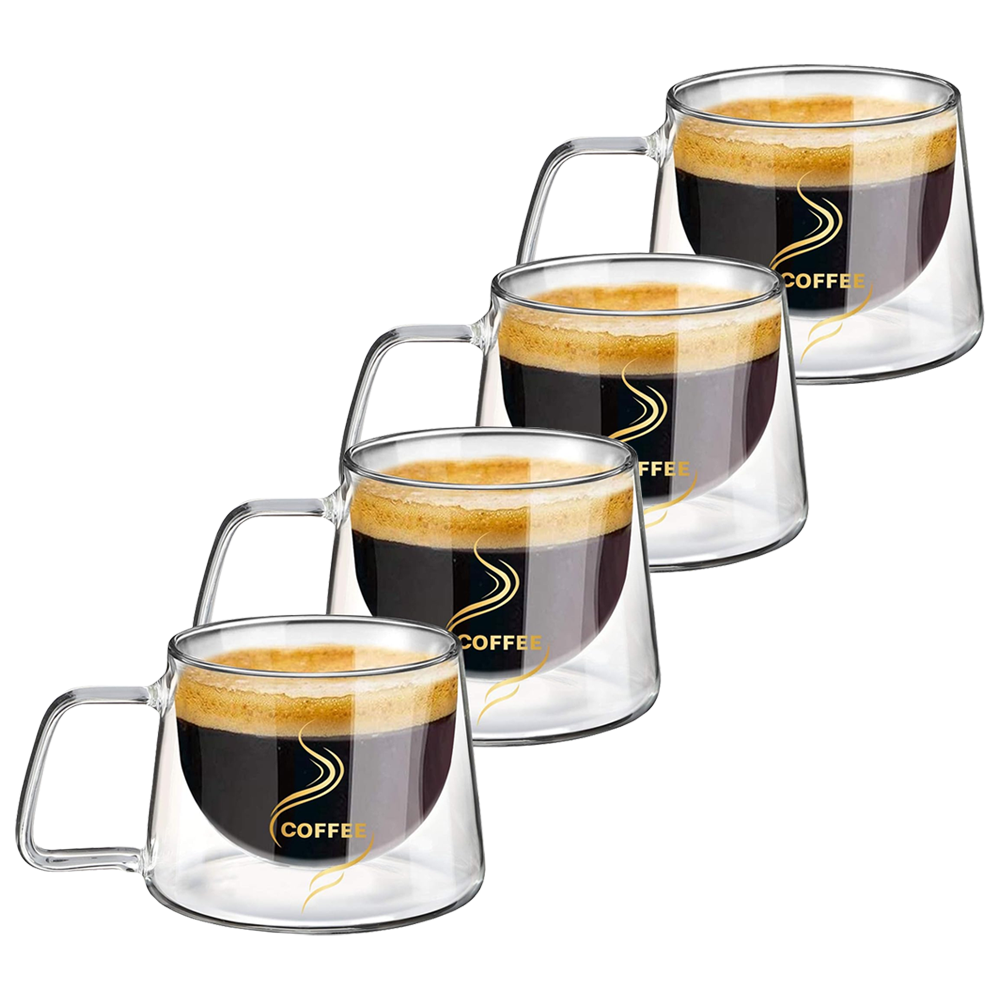 Set 4 Cani de Sticla cu Perete Dublu Lodi1004, model COFFEE, design modern, termorezistente, capacitate 200 ml, 12 x 8 cm