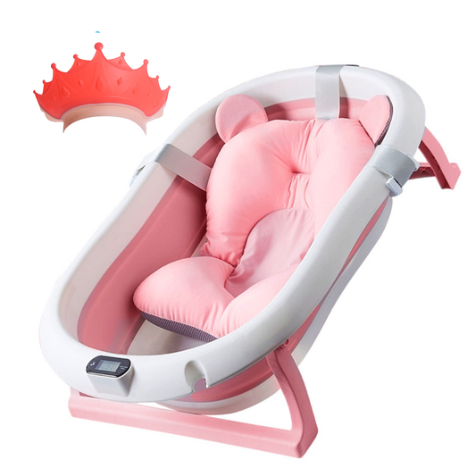 Cadita cu Pernuta pentru Bebelusi Lodi1315, casca de protectie inclusa, termometru digital incorporat, pliabila, dop de scurgere, picioare anti-alunecare, design ergonomic, 75 x 45 x 22, roz