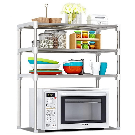 Raft Universal Lodi1484, pretabil cuptor cu microunde, pentru bucatarie/baie/sufragerie, 3 niveluri, din otel inoxidabil, usor de montat, capacitate ridicata, alb