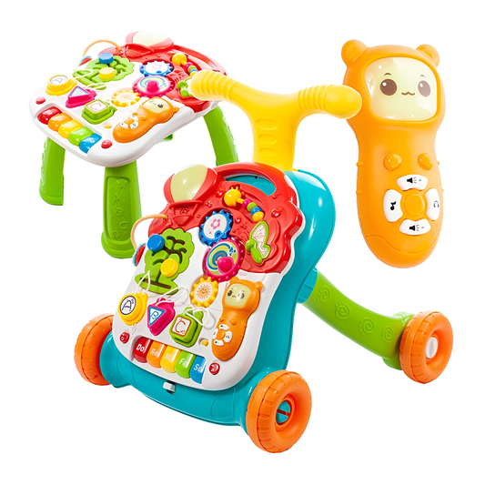 Antemergator Multifunctional 2in1 Lodi644, centru de activitati si joaca, telecomanda detasabila cu 15 melodii, masuta educativa cu 4 picioruse incluse, panou pentru invatarea numerelor si formelor, lumini si sunete, multicolor