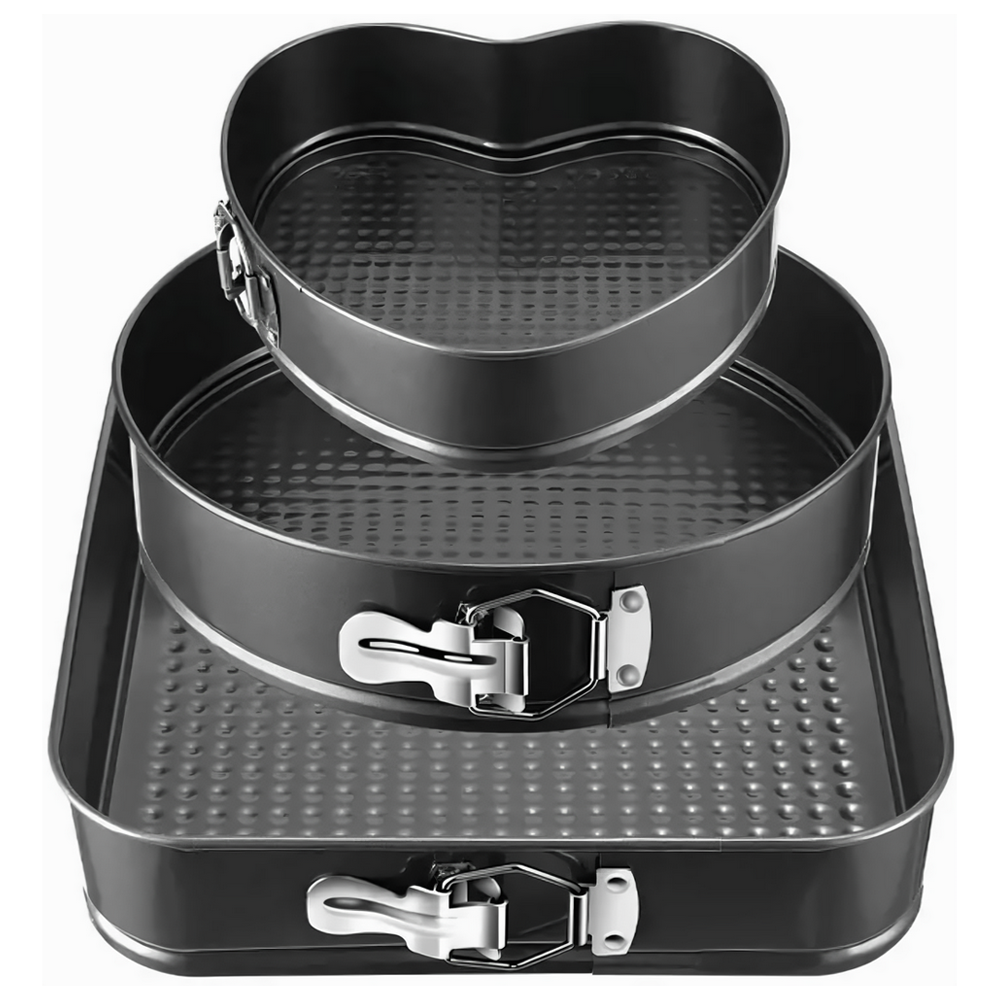 Set 3 Tavi pentru Copt Lodi1073, forma inima/cerc/patrat, baza detasabila, antiaderente, rezistente, usor de curatat, 24/26/28 cm, negru