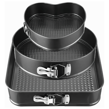 Set 3 Tavi pentru Copt Lodi1073, forma inima/cerc/patrat, baza detasabila, antiaderente, rezistente, usor de curatat, 24/26/28 cm, negru