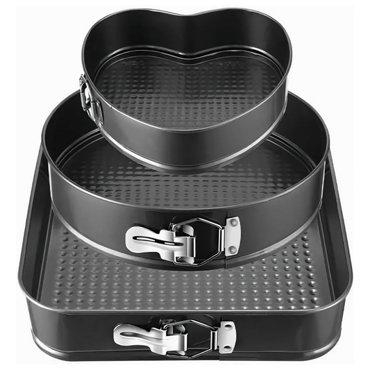 Set 3 Tavi pentru Copt Lodi1073, forma inima/cerc/patrat, baza detasabila, antiaderente, rezistente, usor de curatat, 24/26/28 cm, negru