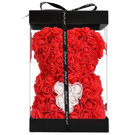 Ursulet din Trandafiri de Spuma Lodi334, floral rosu cu burtica alba, handmade, cutie transparenta, 25 cm