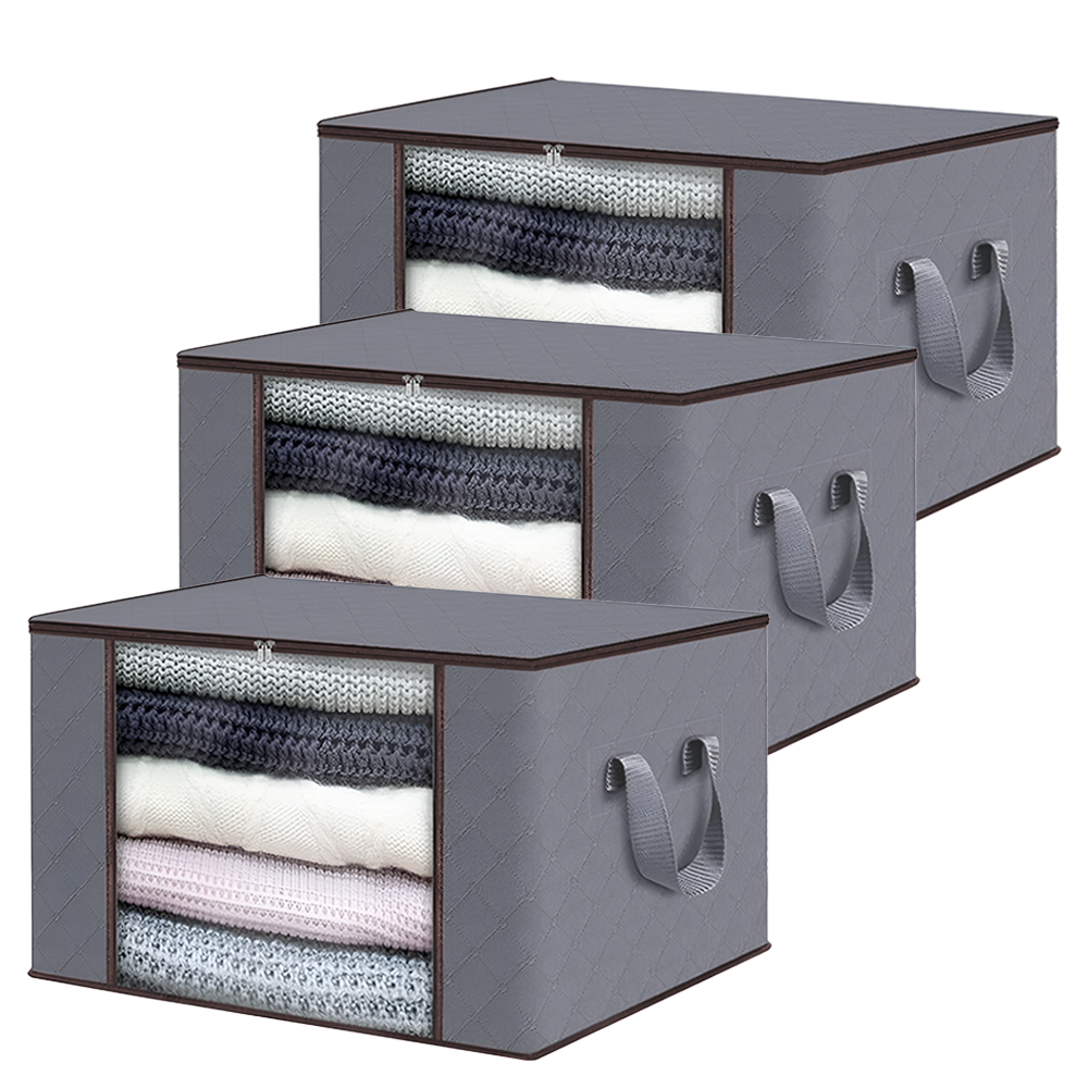 Set 3 Cutii pentru Depozitare si Organizare Medii Lodi1037, pliabile, maner ranforsat si fereastra transparenta, pentru haine/paturi/ plapumi/ perne/ lenjerii de pat/jucarii, 84 L, 60x40x35 cm, gri deschis