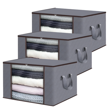 Set 3 Cutii pentru Depozitare si Organizare Medii Lodi1037, pliabile, maner ranforsat si fereastra transparenta, pentru haine/paturi/ plapumi/ perne/ lenjerii de pat/jucarii, 84 L, 60x40x35 cm, gri deschis