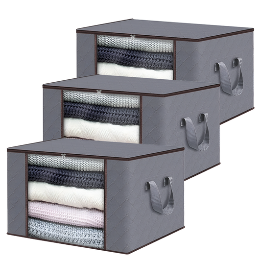 Set 3 Cutii pentru Depozitare si Organizare Medii Lodi1037, pliabile, maner ranforsat si fereastra transparenta, pentru haine/paturi/ plapumi/ perne/ lenjerii de pat/jucarii, 84 L, 60x40x35 cm, gri deschis