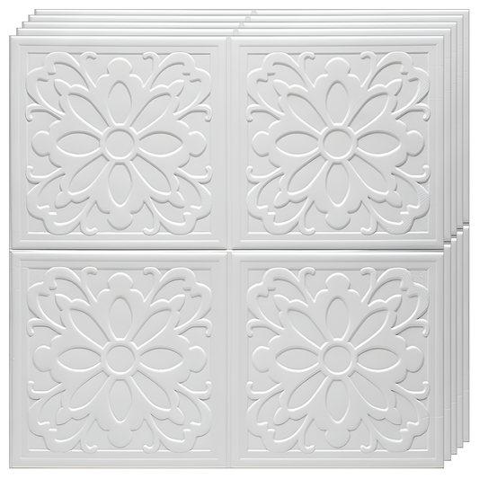 Set 10x Tapet 3D Lodi837, suprafata acoperire 4.9 mp, autoadeziv, Model Floare Patrat, perete/tavan, waterproof, usor de montat, design modern, 70x77 cm, alb
