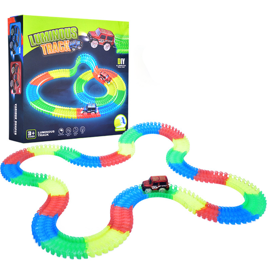 Circuit Masinute Lodi518, 241 piese, pista iluminata configurabila, fosforescenta, masinuta cu lumini rosie, multicolor