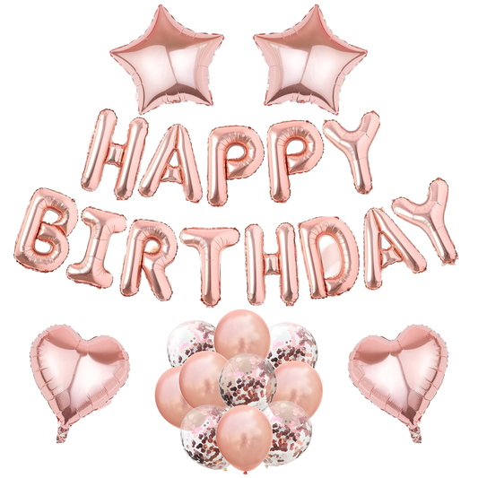 Set 27 Baloane Lodi757, Litere, pentru Petreceri/Aniversari/Evenimente, confetti, stelute, inimioare, model HAPPY BIRTHDAY, rose gold