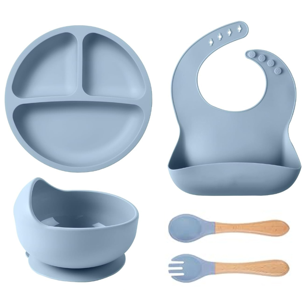Set Hranire Bebeulsi Lodi250, 5 piese, termorezistente, silicon, fara BPA, pliabile, usor de curatat, dusty blue