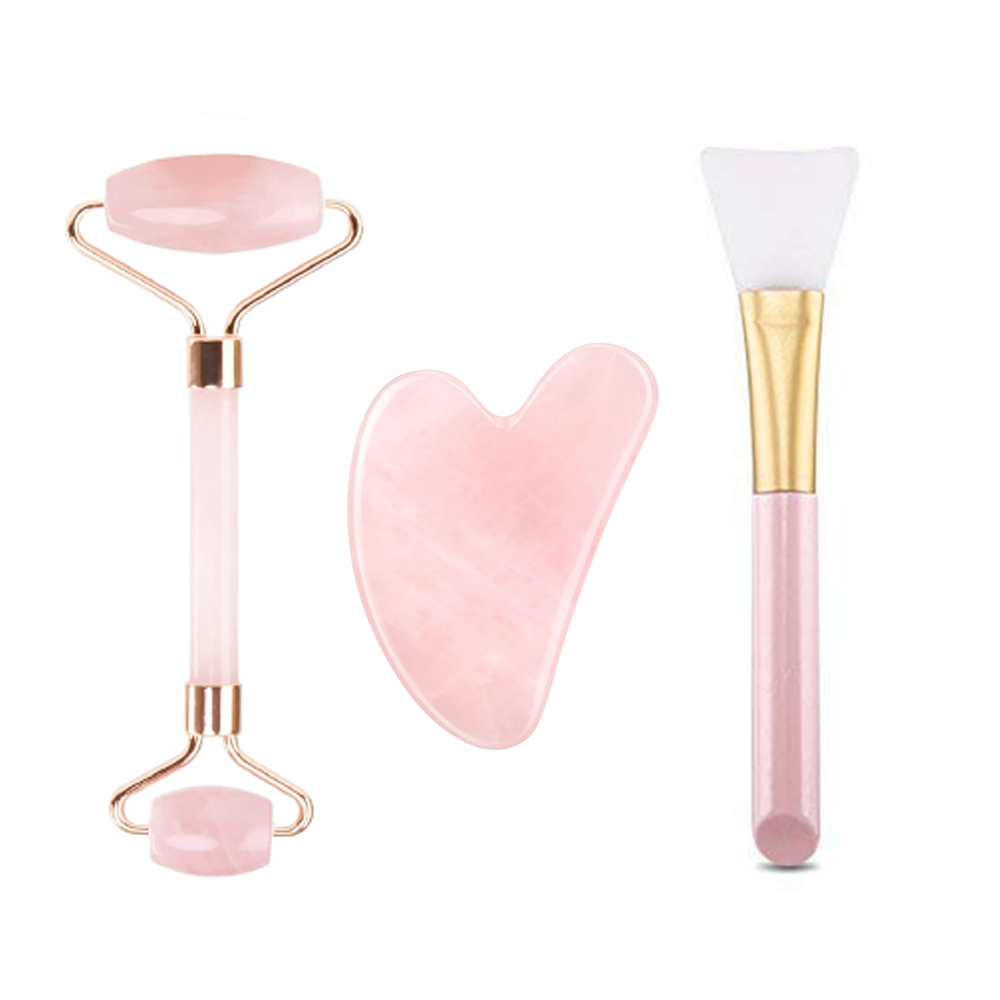Set 3 Accesorii pentru Masaj Facial Lodi655, cu aparat face roller, piatra gua sha, pensula pentru aplicarea cosmeticelor, rezultate vizibile, piatra naturala  din quartz roz