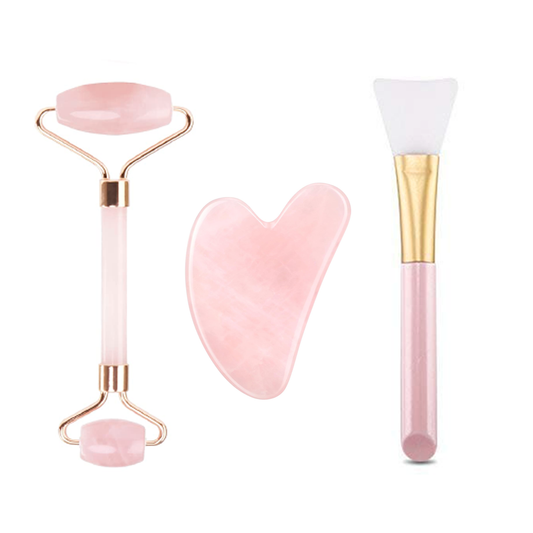 Set 3 Accesorii pentru Masaj Facial Lodi655, cu aparat face roller, piatra gua sha, pensula pentru aplicarea cosmeticelor, rezultate vizibile, piatra naturala  din quartz roz