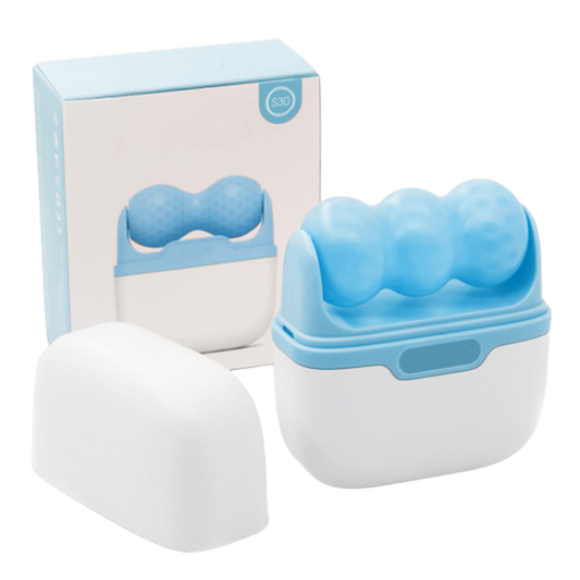 Rola de Masaj cu Gheata Lodi50, Ice Roller, 2 capete W si V, anti-aging, ingrijirea tenului, tonifiere, albastru/alb