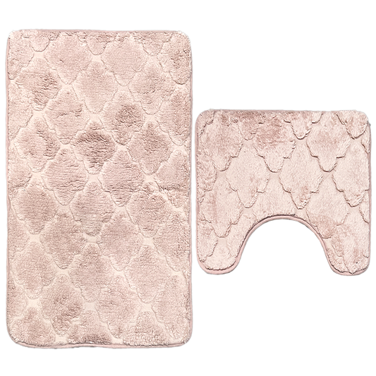 Set 2 Covorase de Baie Lodi1019, anti-derapante, material moale, design modern, model floral, 80x50 & 50x40cm, roz