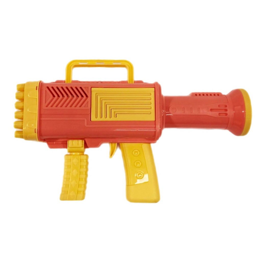 Pistol de Facut Baloane Bubble Gun Lodi65, tip Bazooka, automat, 34 orificii pentru bule, alimentare cu baterii, portocaliu/rosu