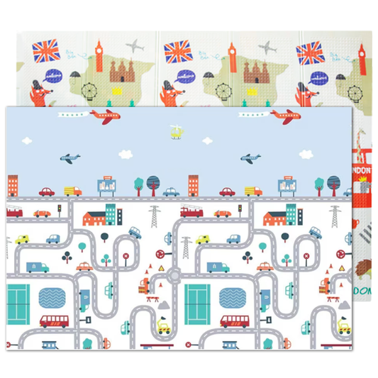 Covoras de Joaca pentru Copii Lodi488, 2 fete, termic, anti-derapant, pliabil, protectie impotriva loviturilor, oras si Londra, 200x180cm, grosime 1 cm, multicolor