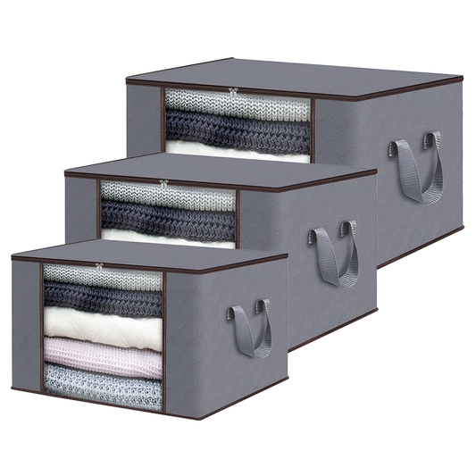 Set 3 Cutii pentru Depozitare si Organizare Lodi1054, 3 dimensiuni, pliabile, maner ranforsat si fereastra transparenta, pentru haine/paturi/ plapumi/ perne/ lenjerii de pat/jucarii, 60 L / 84 L / 105 L, gri deschis