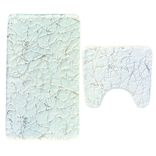 Set 2 Covorase de Baie Lodi445, anti-derapante, material moale, design modern, finisaj auriu, Model 15, 80x50 & 50x40cm, alb albastrui