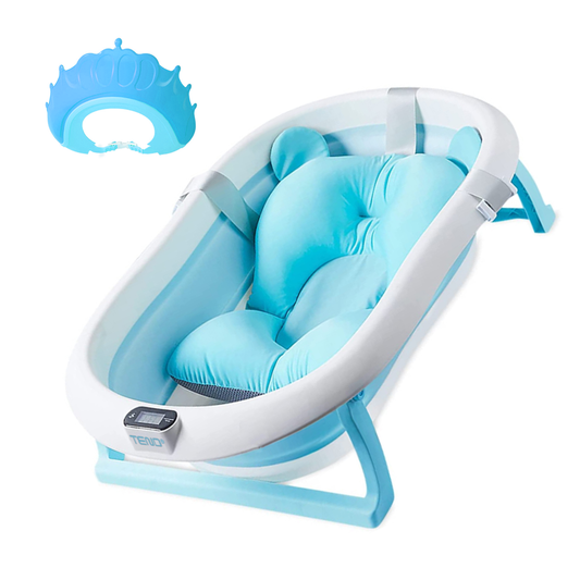 Cadita cu Pernuta pentru Bebelusi Lodi1316, casca de protectie inclusa, termometru digital incorporat, pliabila, dop de scurgere, picioare anti-alunecare, design ergonomic, 75 x 45 x 22 cm, albastru