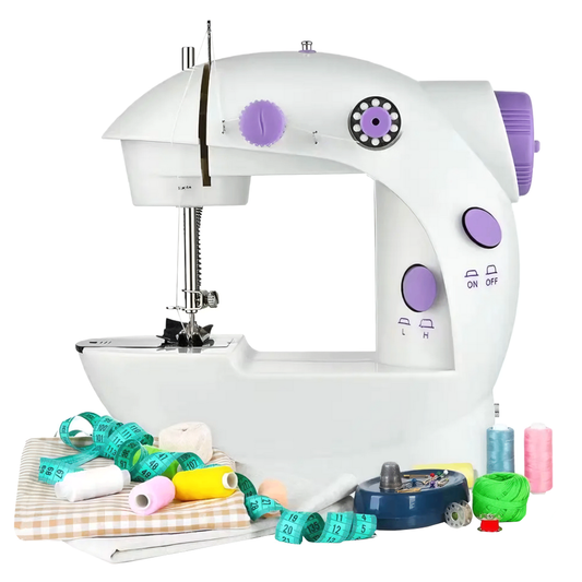 Mini Masina de Cusut XL Lodi1505, portabila, usor de utilizat, fara pedala, design ergonomic, iluminare, doua viteze de coasere, alimentare pe baterii sau la retea, reglare si tensionare a firului, 20 cm, alb/mov