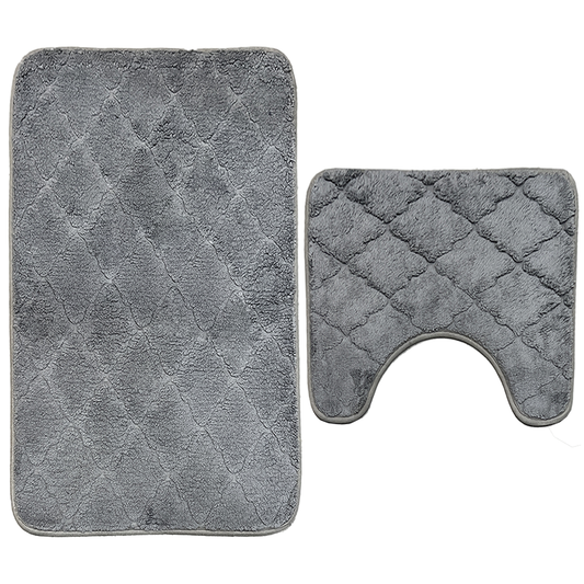 Set 2 Covorase de Baie Lodi1015, anti-derapante, material moale, design modern, model floral, 80x50 & 50x40cm, gri