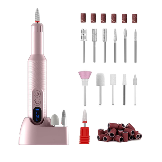 Pila Electrica Profesionala pentru Unghii Lodi1135, freză wireless, 18000 RPM, ecran LED, manichiura-pedichiura, 12 capete pentru pila, 36 benzi de slefurie, portabila, roz
