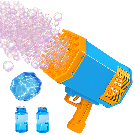 Pistol de Facut Baloane Bubble Gun Lodi1213, tip Bazooka, automat, 69 orificii pentru bule, alimentare cu baterii, albastru/galben