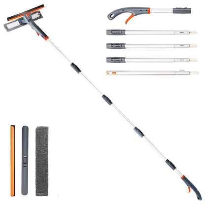 Stergator de Geamuri 3 in 1 Lodi706, laveta detasabila, racleta pentru curatare si lustruire, sticla de spray incorporata, telescopic, gri/portocaliu