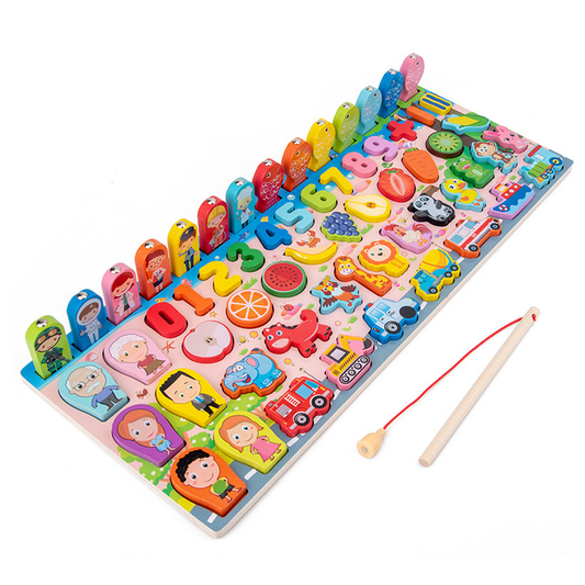 Joc Educativ din Lemn Lodi460, sortator de culori, fructe si legume, animale, masini, numere si joc de pescuit cu magnet , + 3 ani, multicolor