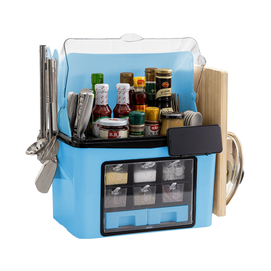 Organizator Multifunctional pentru Bucatarie Lodi485,  suport sticle, rafturi pentru condimente, cuier pentru ustensile, suport cutite, 46 x 26 x 43 cm, albastru