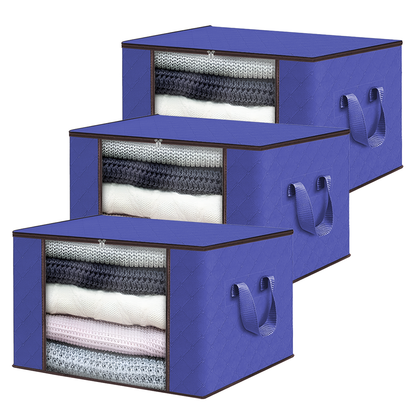 Set 3 Cutii pentru Depozitare si Organizare Medii Lodi1040, pliabile, maner ranforsat si fereastra transparenta, pentru haine/paturi/ plapumi/ perne/ lenjerii de pat/jucarii, 84 L, 60x40x35 cm, albastru