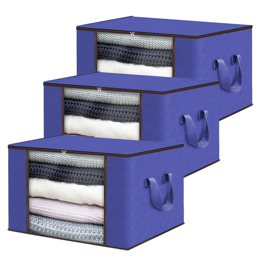 Set 3 Cutii pentru Depozitare si Organizare Medii Lodi1040, pliabile, maner ranforsat si fereastra transparenta, pentru haine/paturi/ plapumi/ perne/ lenjerii de pat/jucarii, 84 L, 60x40x35 cm, albastru
