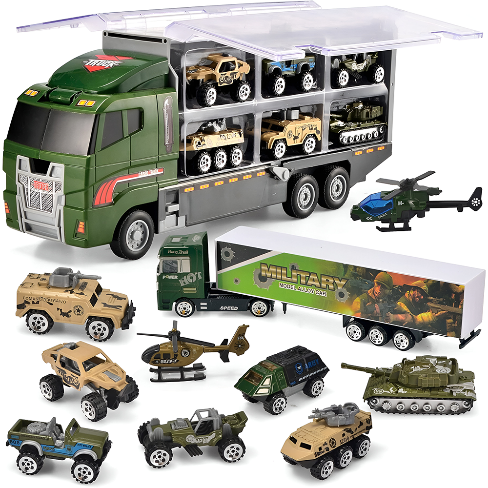 Set Camion Trailer de Jucarie pentru Transport Lodi1166, seria armata, 10 masinute incluse, jeep, tanc, tir, elicopter, accesorii mobile, lansator si rampa frontala, platforma tractare, verde