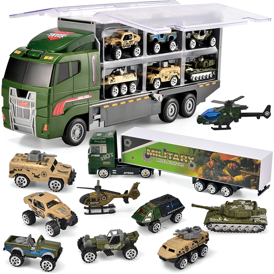 Set Camion Trailer de Jucarie pentru Transport Lodi1166, seria armata, 10 masinute incluse, jeep, tanc, tir, elicopter, accesorii mobile, lansator si rampa frontala, platforma tractare, verde