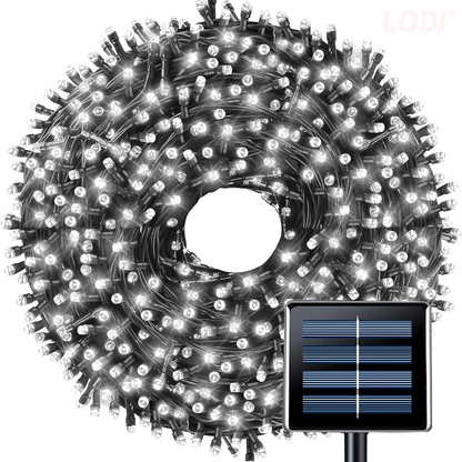 Instalatie de Craciun Liniara cu Panou Solar Lodi1459, 10 m, 8 jocuri de lumini, alimentare la priza, fir verde, interior/exterior, rezistenta la apa, 100 LED-uri, alb rece