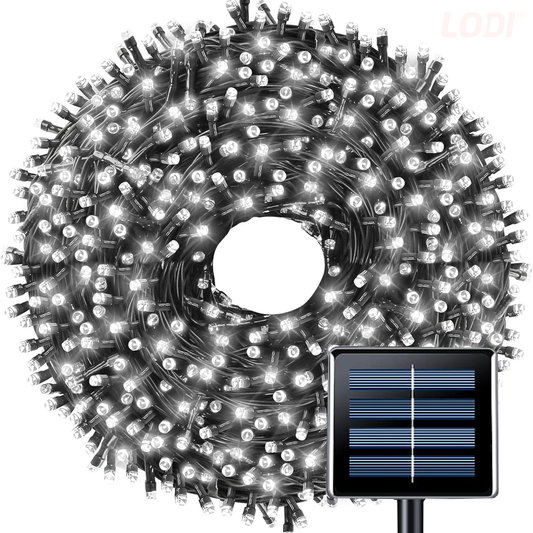 Instalatie de Craciun Liniara cu Panou Solar Lodi1459, 10 m, 8 jocuri de lumini, alimentare la priza, fir verde, interior/exterior, rezistenta la apa, 100 LED-uri, alb rece