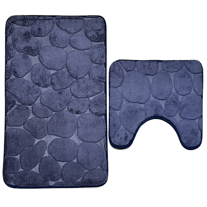 Set 2 Covorase de Baie Lodi1014, anti-derapante, material moale, design modern, model pietre, 80x50 & 50x40cm, bleumarin