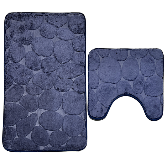 Set 2 Covorase de Baie Lodi1014, anti-derapante, material moale, design modern, model pietre, 80x50 & 50x40cm, bleumarin