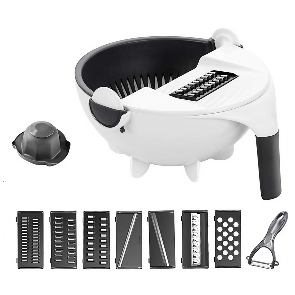Strecuratoare 2 in 1 Lodi1453, razatoare incorporata, bol de scurgere, rotire 360°, 7 lame diferite, maner anti-alunecare, curatator de legume si fructe inclus, alb/negru