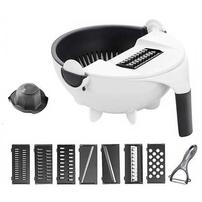 Strecuratoare 2 in 1 Lodi1453, razatoare incorporata, bol de scurgere, rotire 360°, 7 lame diferite, maner anti-alunecare, curatator de legume si fructe inclus, alb/negru