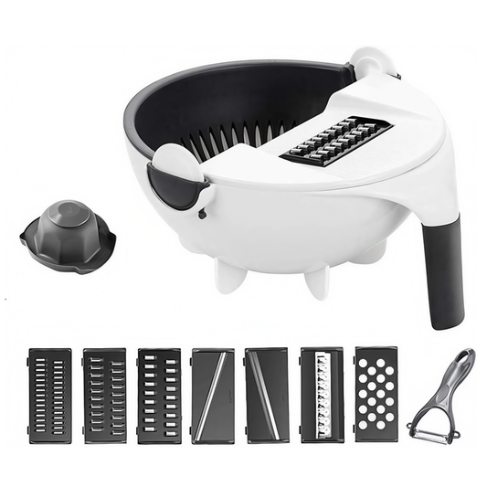 Strecuratoare 2 in 1 Lodi1453, razatoare incorporata, bol de scurgere, rotire 360°, 7 lame diferite, maner anti-alunecare, curatator de legume si fructe inclus, alb/negru