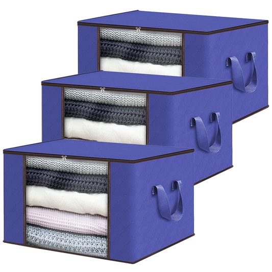 Set 3 Cutii pentru Depozitare si Organizare Mari Lodi1041, pliabile, maner ranforsat si fereastra transparenta, pentru haine/paturi/ plapumi/ perne/ lenjerii de pat/jucarii, 105 L, 70x50x30 cm, albastru